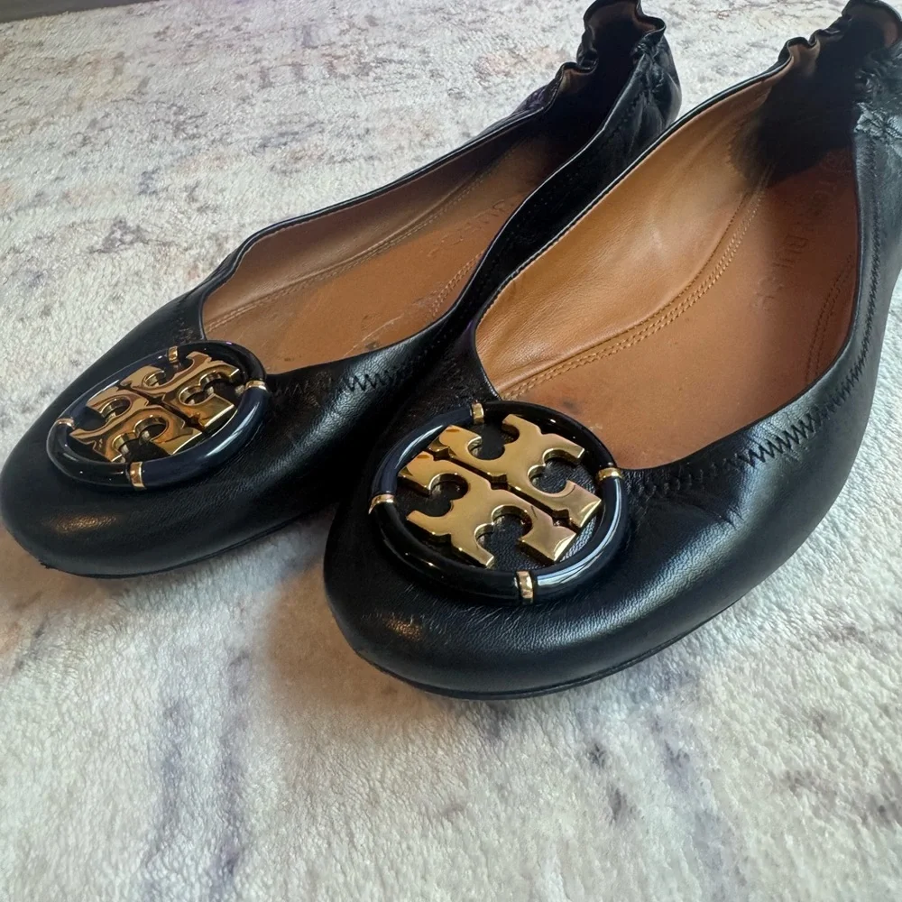 Tory Burch Black Leather Logo Ballet Flats with Gold Emblem